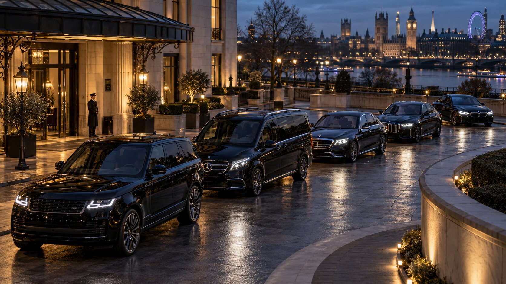 Black Eagles Drives fleet arriving at a luxury London hotel at dusk